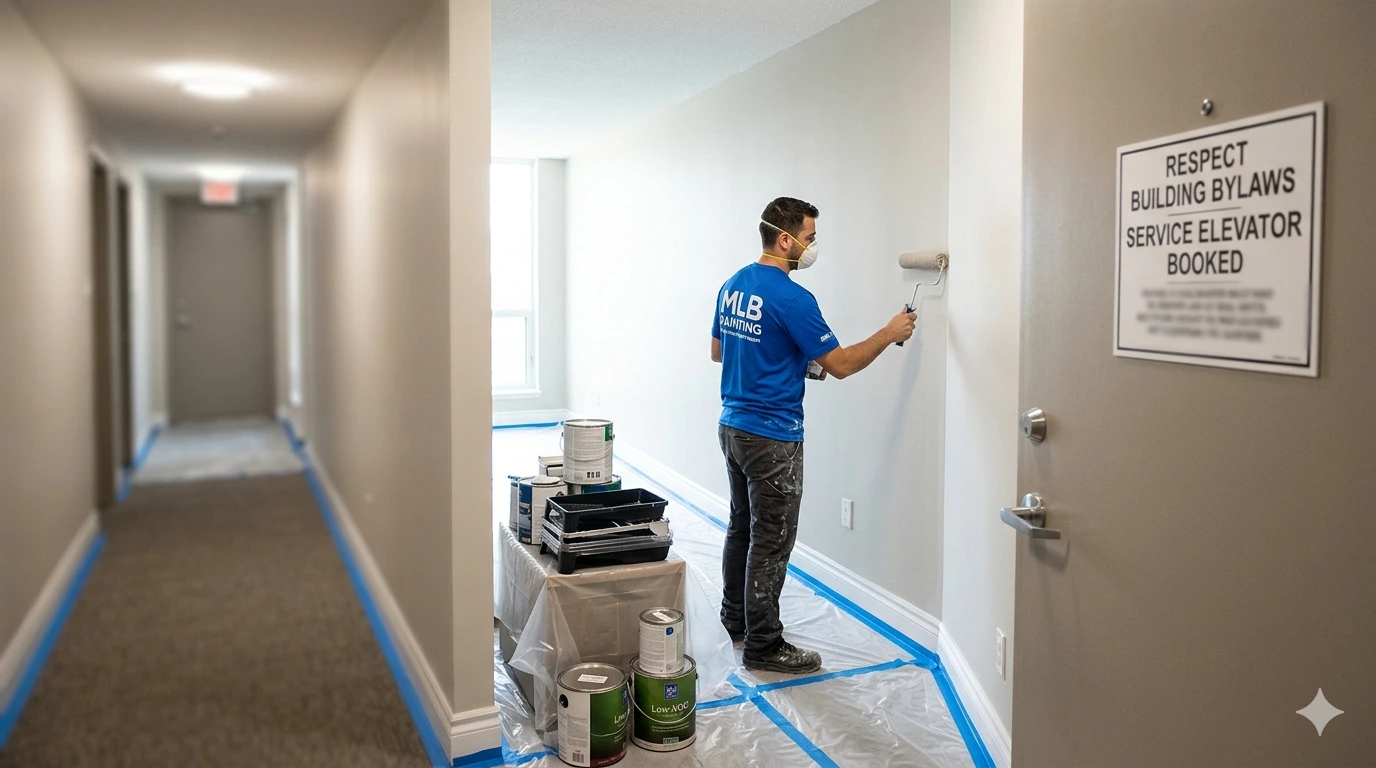 Professional painters from MLB Painting carefully protecting floors and furniture in a Mississauga condo. The team is shown using low-VOC paint and organized equipment, adhering to strict building bylaws and limited space requirements.