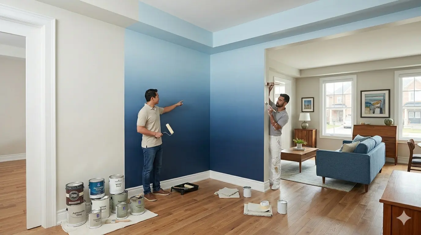 Two professional painters working on a modern living room feature wall with an ombre blue gradient, showing open paint cans and tools on a drop cloth in a clean, residential setting.