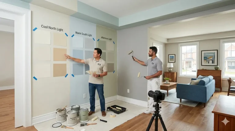 A professional color consultation in a bright living room where a man points to large paint swatches on a wall labeled for different natural lighting conditions like North and South light.