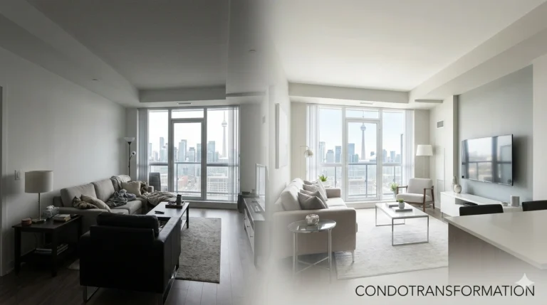 A bright, modern Toronto condo living room showing a professional paint transformation. The space features light neutral walls that make the compact area feel larger, reflecting the high-rise view outside the window.