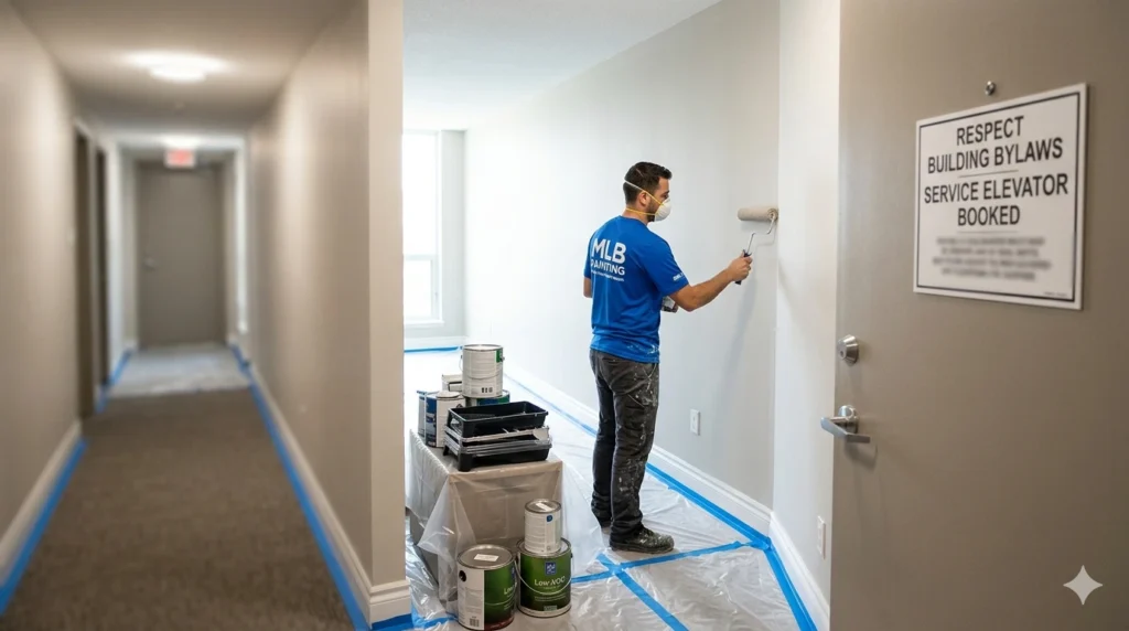 Professional painters from MLB Painting carefully protecting floors and furniture in a Mississauga condo. The team is shown using low-VOC paint and organized equipment, adhering to strict building bylaws and limited space requirements.
